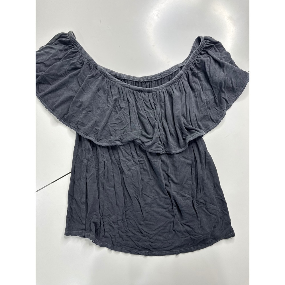 American Eagle Soft & Sexy Off Shoulder Ruffle Top Gray Small Boho Blouse